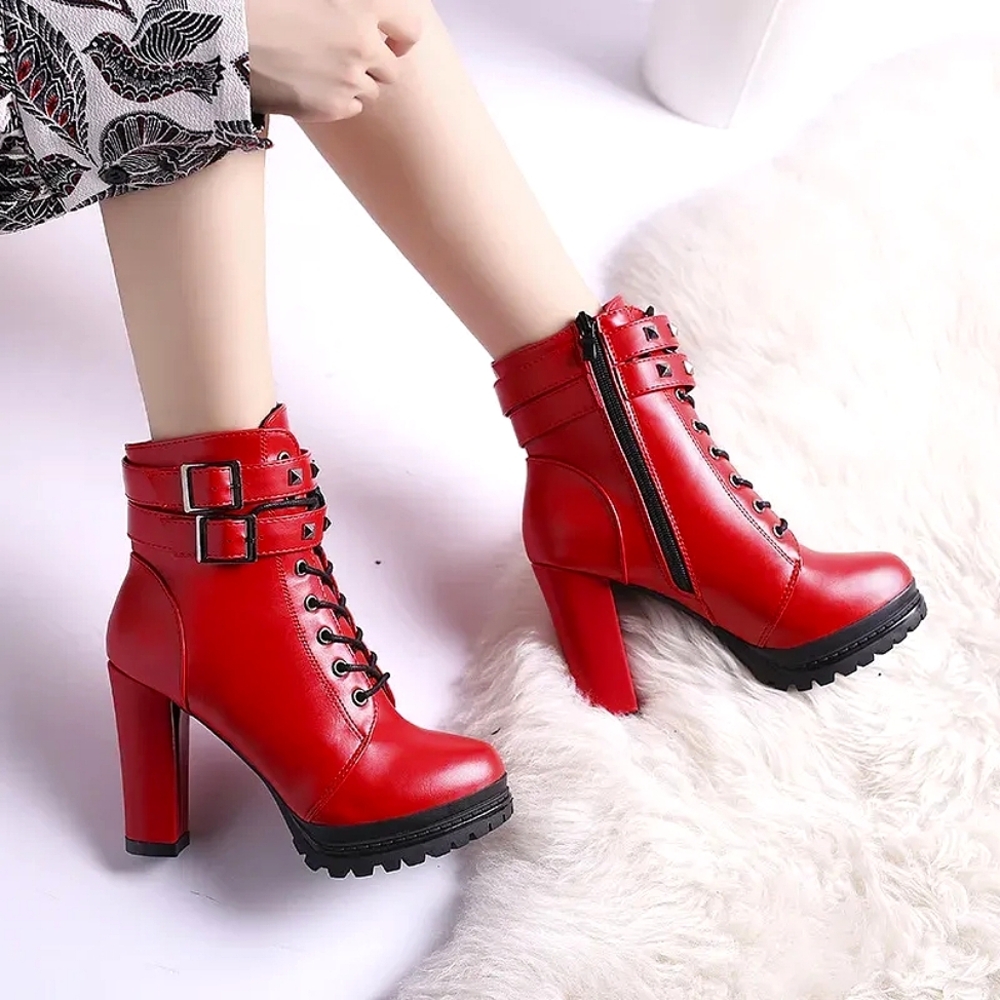 Red Studded Heeled Boots